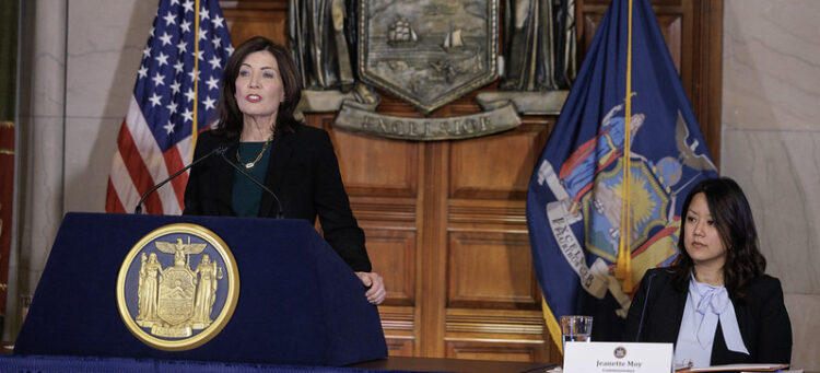 New York Gov. Kathy Hochul makes a cannabis announcement at the State Capitol.