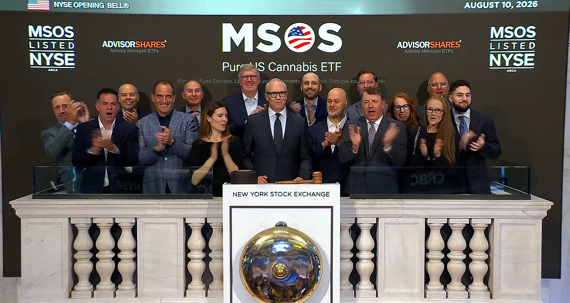 Executives from AdvisorShares ring the opening bell on the NYSE on Aug. 10.
